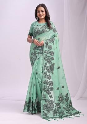 Sea Green Woven Zari Work Poly Cotton Saree Set