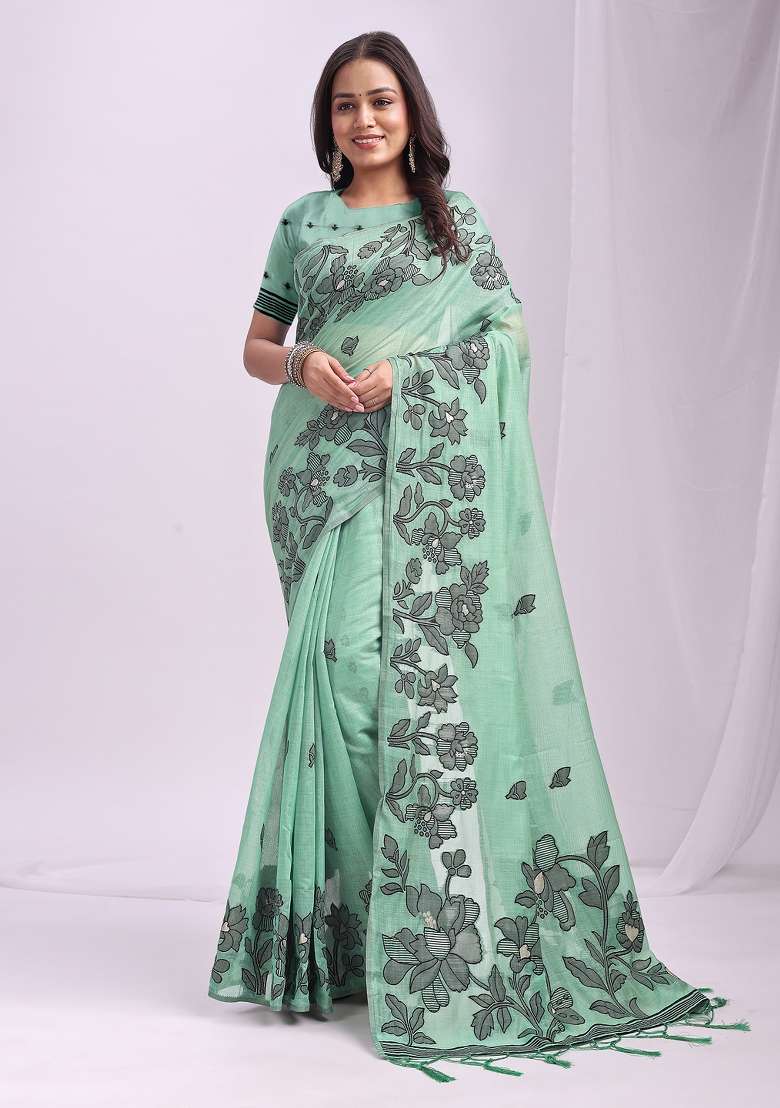 Sea Green Woven Zari Work Poly Cotton Saree Set for Diwali and Festive Wear - Indya