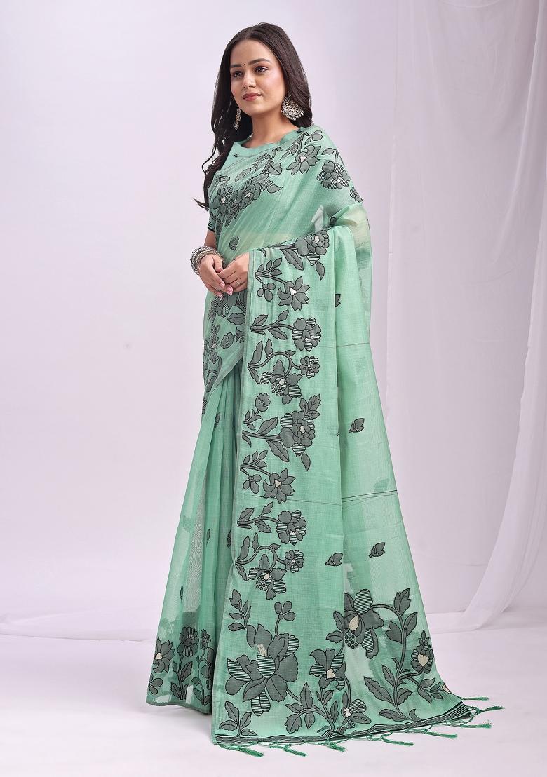 Sea Green Woven Zari Work Poly Cotton Saree Set - Indya