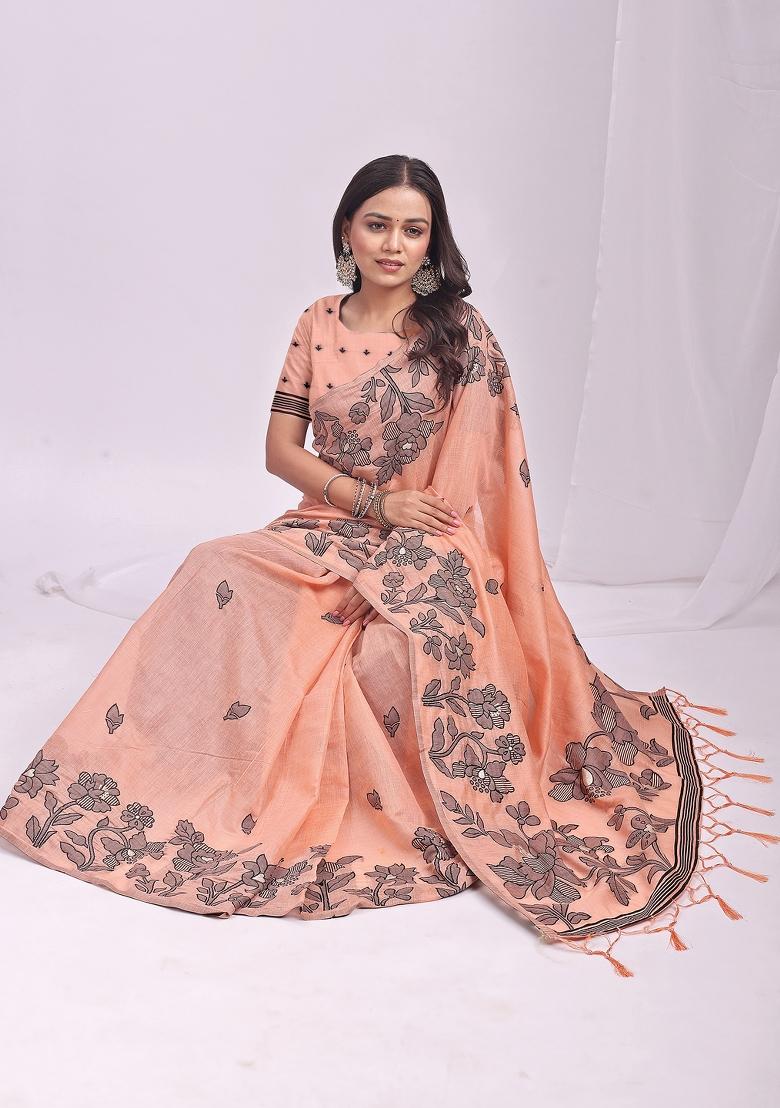 Peach Woven Zari Work Poly Cotton Saree Set - Indya