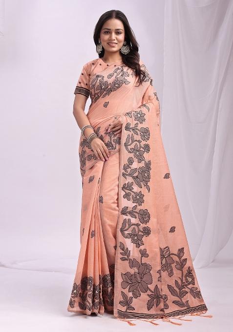 Peach Woven Zari Work Poly Cotton Saree Set