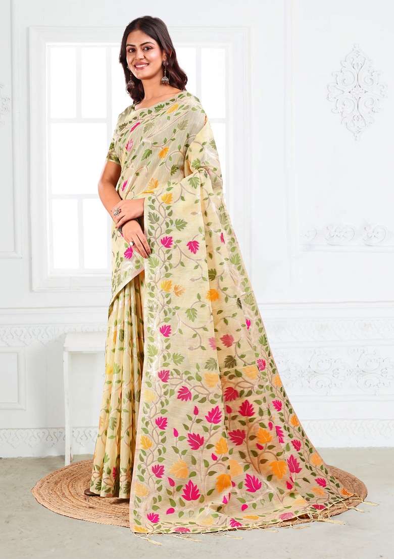 Cream Woven Poly Cotton Saree Set with Zari Work for Diwali | Wedding & Festive Wear - Indya