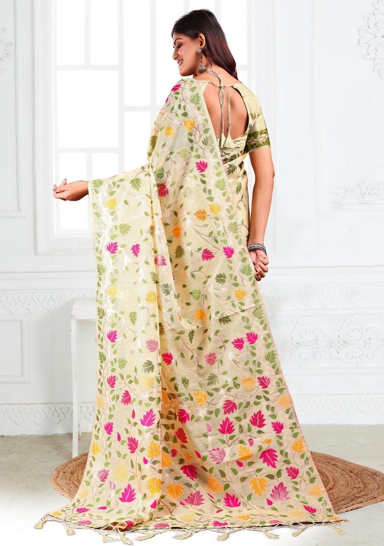 Cream Woven Zari Work Poly Cotton Saree Set - Indya