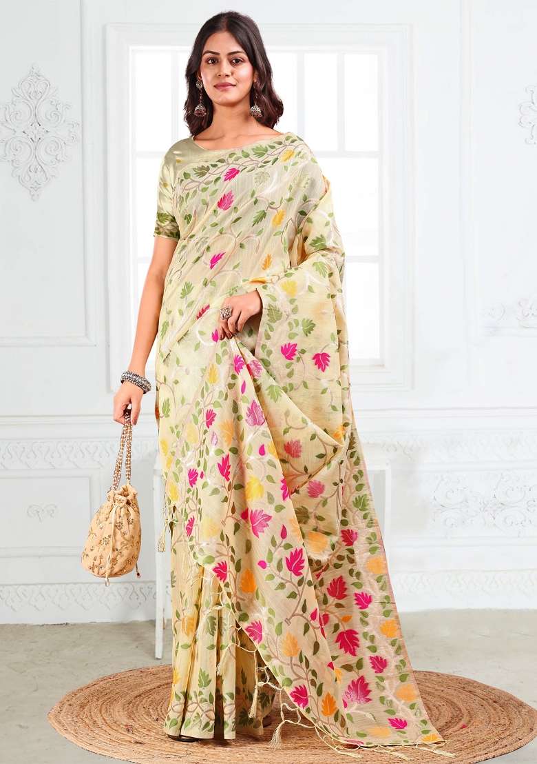 Cream Woven Poly Cotton Saree Set with Zari Work for Diwali | Wedding & Festive Wear - Indya