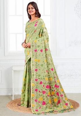 Light Green Woven Zari Work Poly Cotton Saree Set