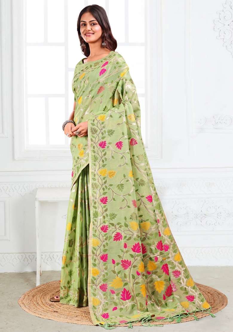 Light Green Woven Poly Cotton Saree Set with Zari Work for Diwali | Wedding & Festive Wear - Indya
