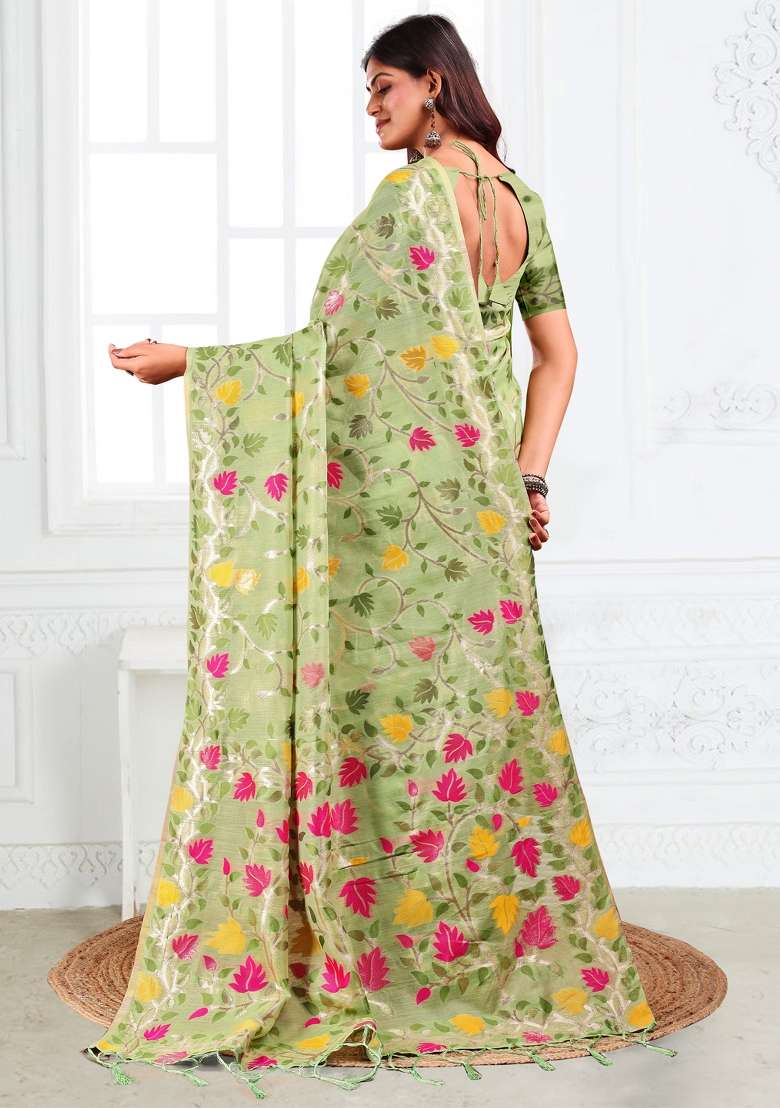 Light Green Woven Poly Cotton Saree Set with Zari Work for Diwali | Wedding & Festive Wear - Indya
