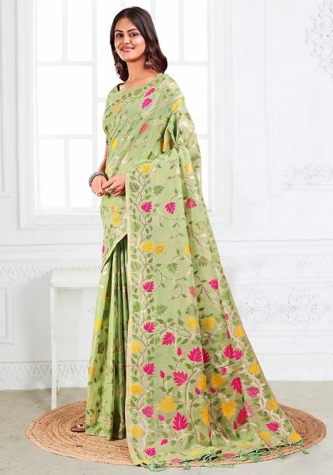 Light Green Woven Zari Work Poly Cotton Saree Set