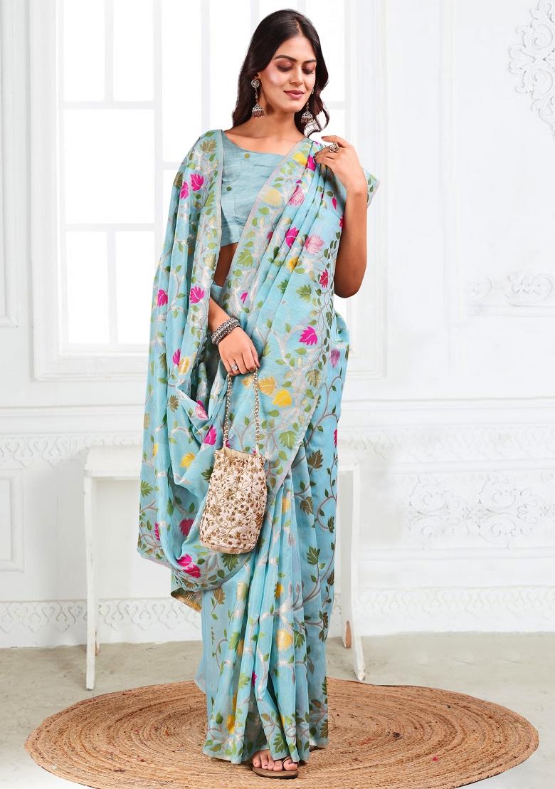 Sky Blue Woven Zari Work Poly Cotton Saree Set - Indya