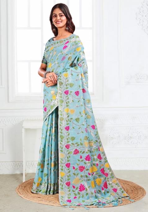 Sky Blue Woven Zari Work Poly Cotton Saree Set