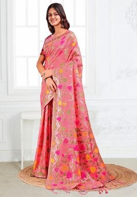 Peach Woven Zari Work Poly Cotton Saree Set