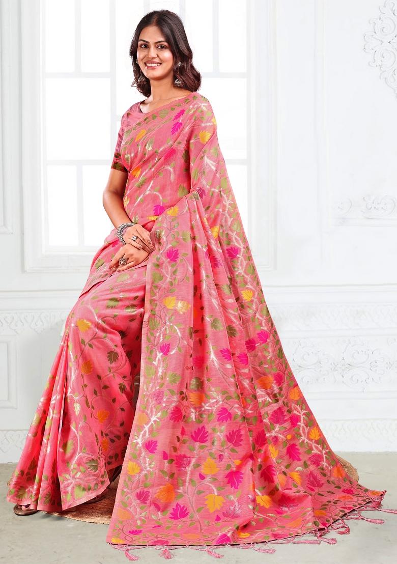Peach Woven Zari Work Poly Cotton Saree Set - Indya