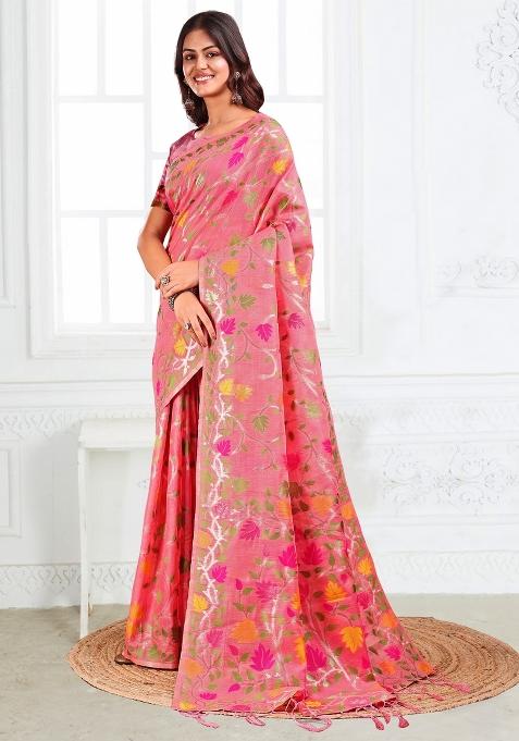 Peach Woven Zari Work Poly Cotton Saree Set