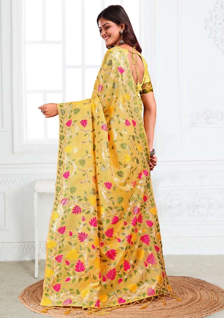 Yellow Woven Poly Cotton Saree Set with Zari Work for Diwali | Wedding & Festive Wear - Indya