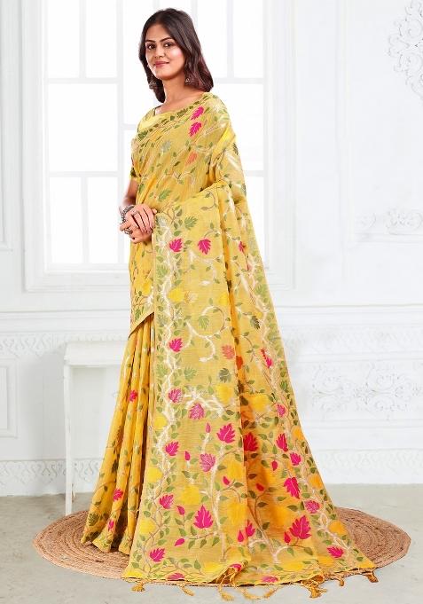 Yellow Woven Zari Work Poly Cotton Saree Set