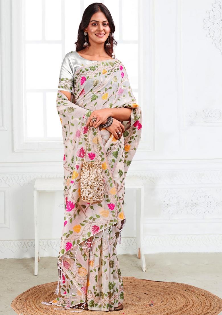White Woven Zari Work Poly Cotton Saree Set - Indya