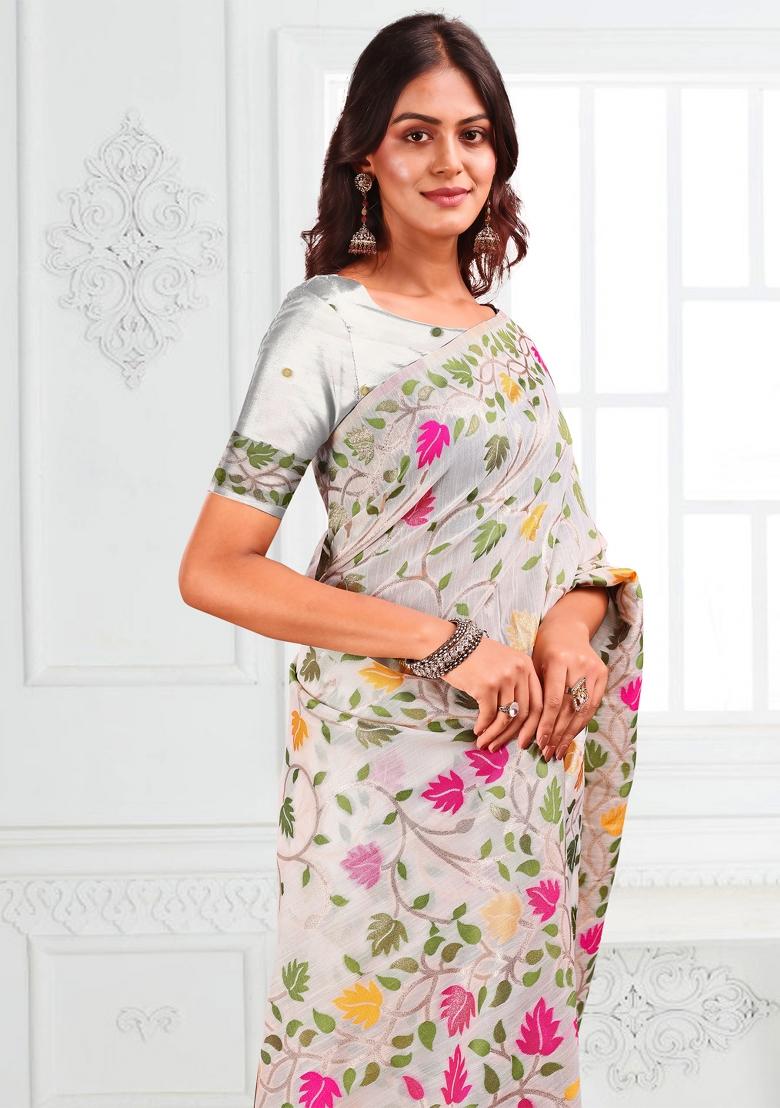 White Woven Zari Work Poly Cotton Saree Set - Indya