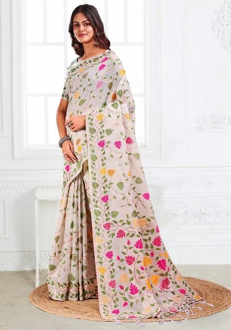 White Woven Zari Work Poly Cotton Saree Set