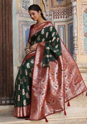 Dark Green Woven Zari Work Banarasi Silk Saree Set