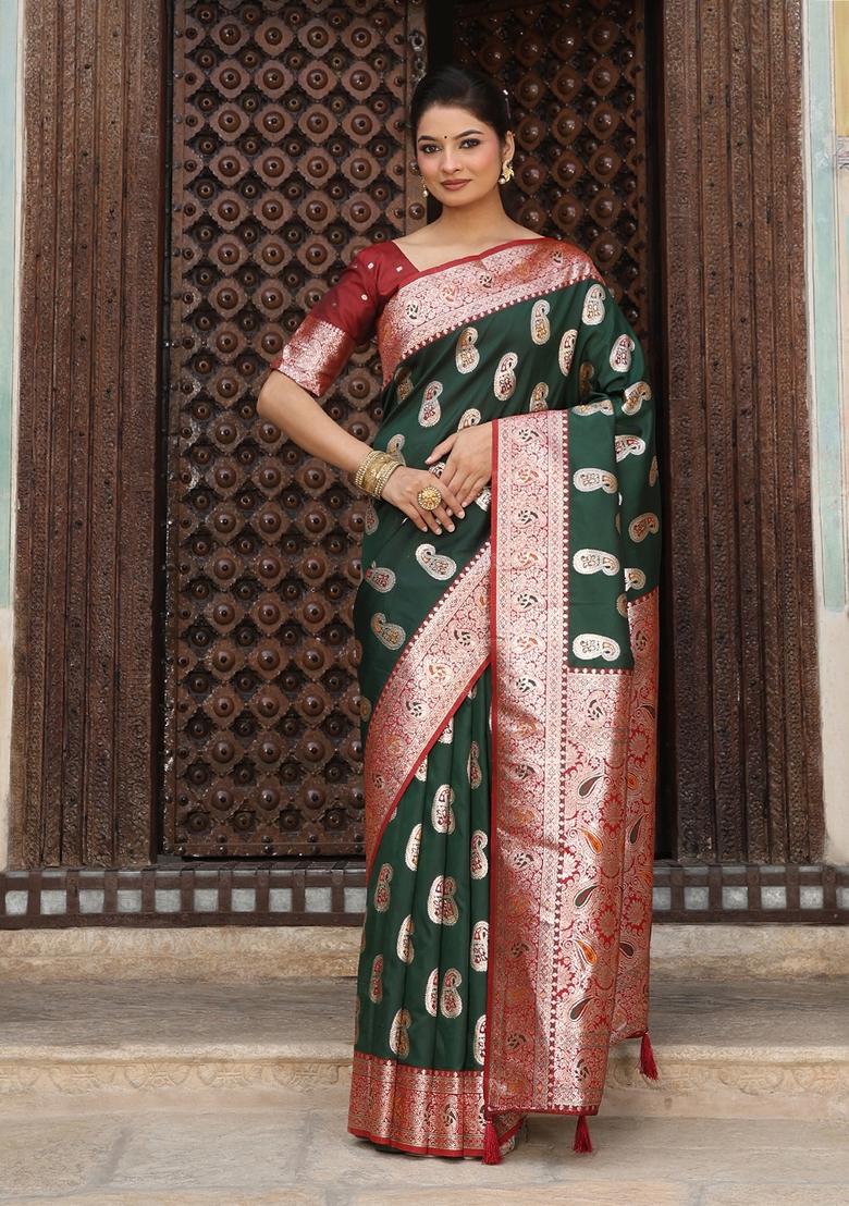 Dark Green Woven Zari Work Banarasi Silk Saree Set - Indya