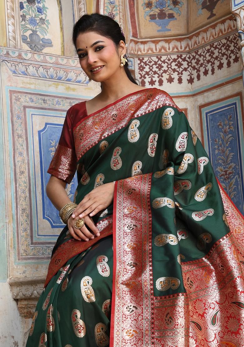 Dark Green Woven Zari Work Banarasi Silk Saree Set - Indya