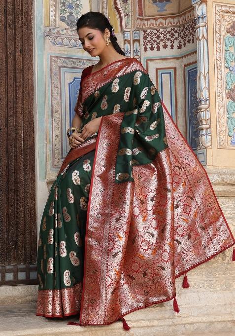 Dark Green Woven Blend Banarasi Silk Saree Set with Zari Work for Diwali | Wedding & Festive Wear