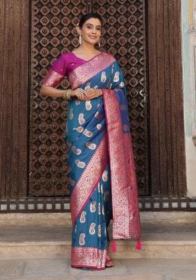 Sky Blue Woven Zari Work Banarasi Silk Saree Set
