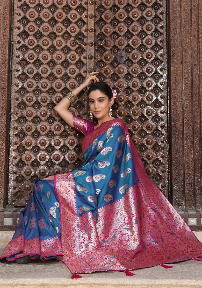 Sky Blue Woven Zari Work Banarasi Silk Saree Set - Indya