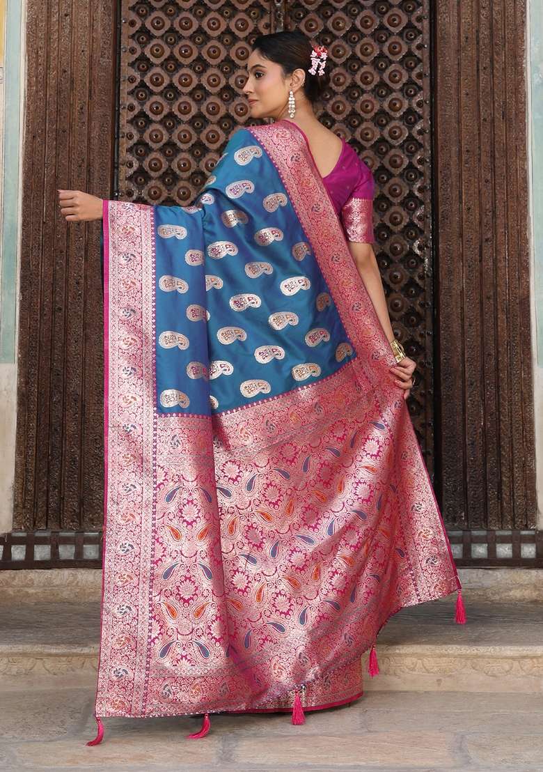 Sky Blue Woven Blend Banarasi Silk Saree Set with Zari Work for Diwali | Wedding & Festive Wear - Indya