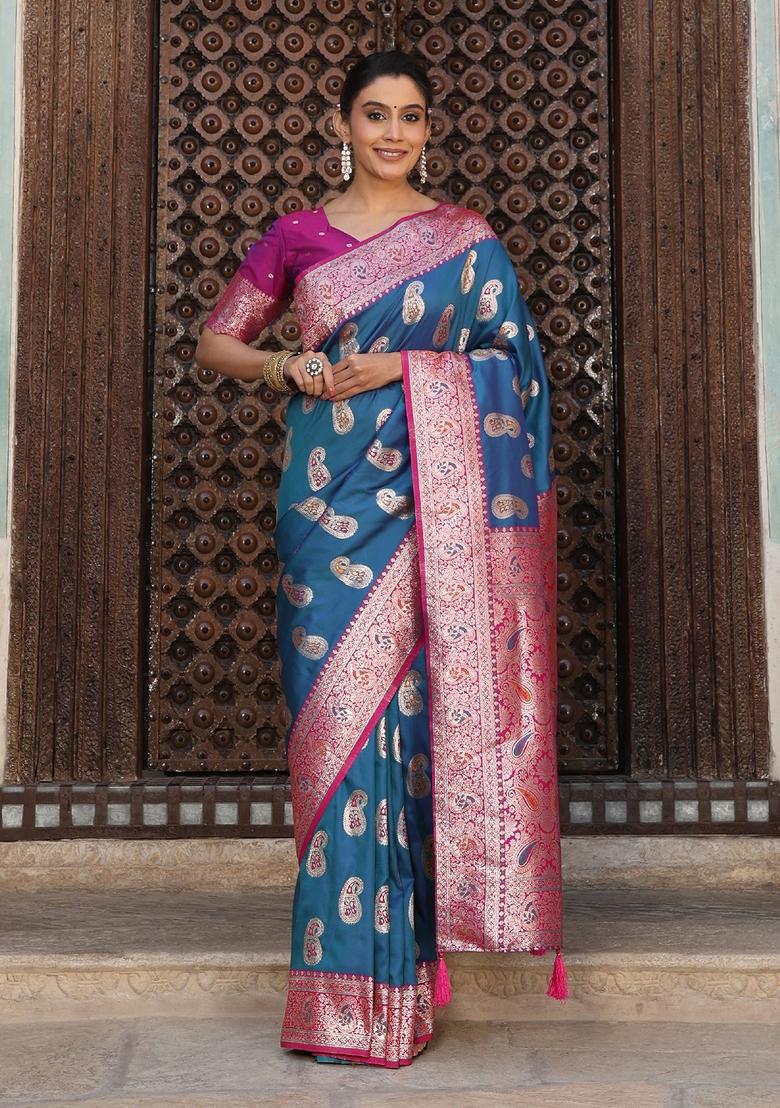 Sky Blue Woven Zari Work Banarasi Silk Saree Set - Indya