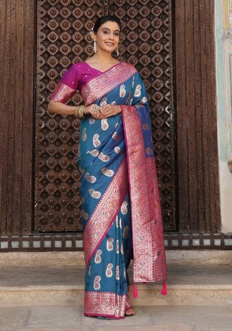 Sky Blue Woven Zari Work Banarasi Silk Blend Saree Set