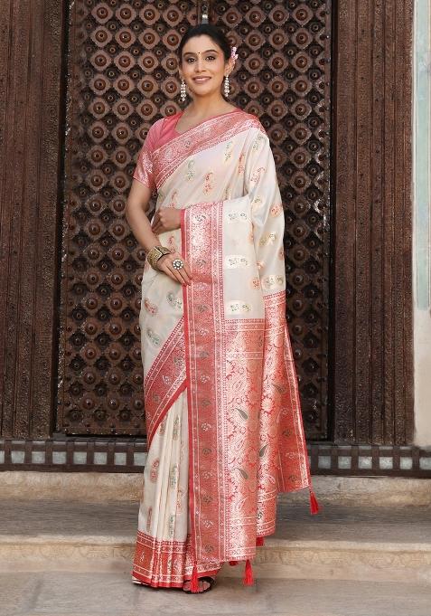 White Woven Zari Work Banarasi Silk Saree Set