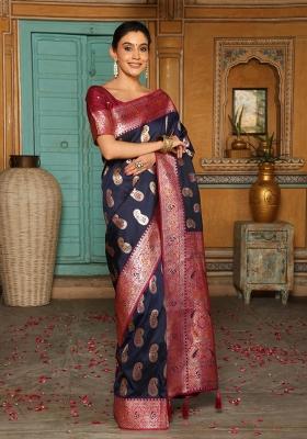 Navy Blue Woven Zari Work Banarasi Silk Saree Set