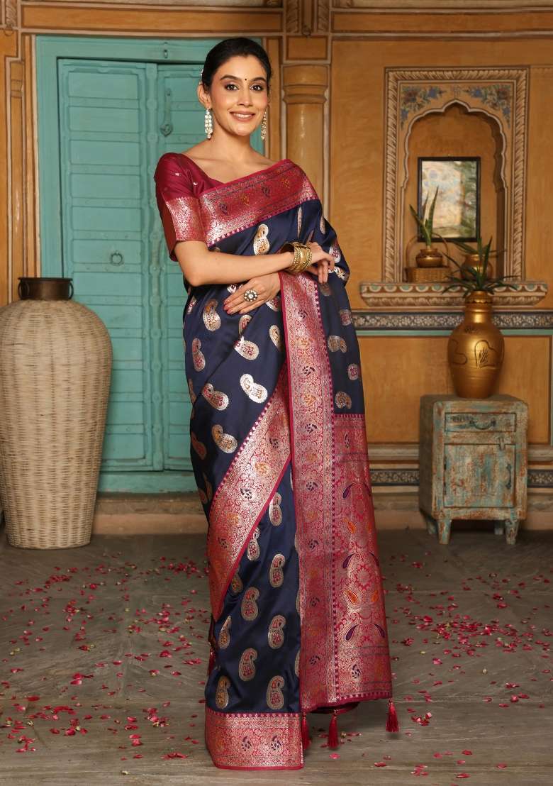 Navy Blue Woven Zari Work Banarasi Silk Blend Saree Set for Diwali and Festive Wear - Indya