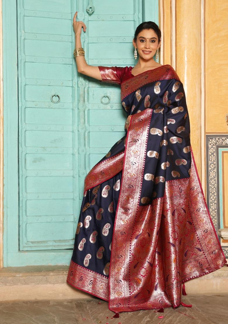 Navy Blue Woven Zari Work Banarasi Silk Saree Set - Indya