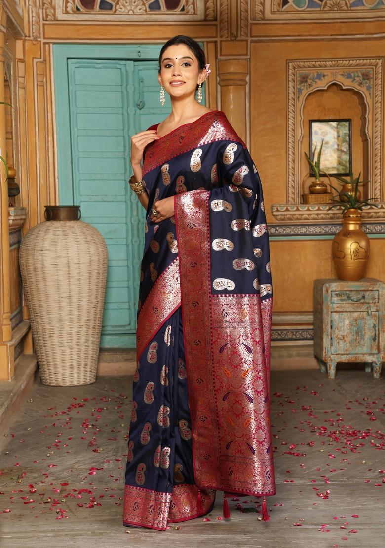 Navy Blue Woven Zari Work Banarasi Silk Saree Set - Indya