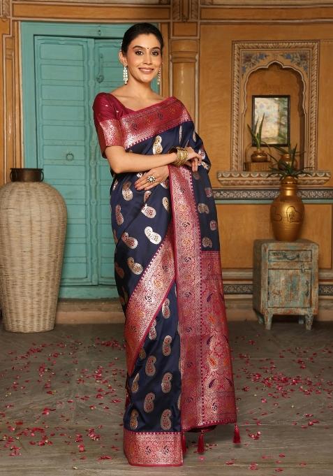 Navy Blue Woven Zari Work Banarasi Silk Saree Set — view on Indya