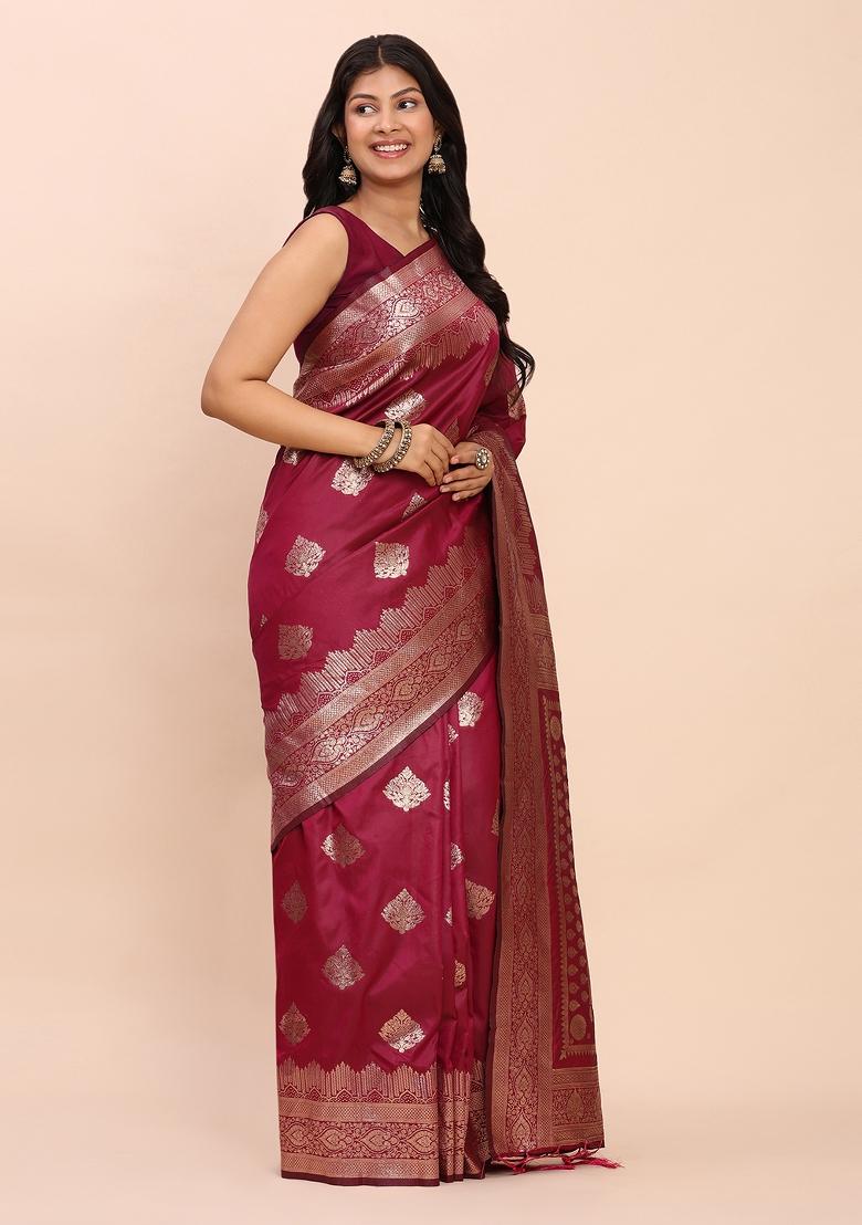 Magenta Woven Zari Work Banarasi Silk Saree Set - Indya