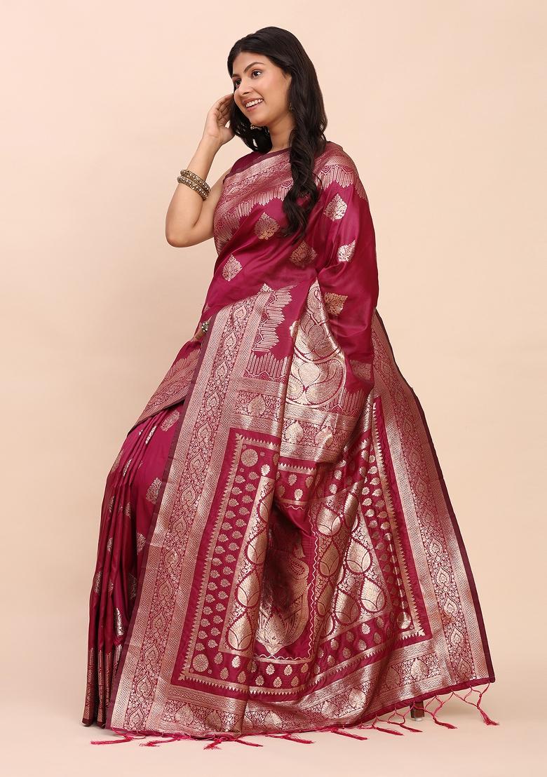 Magenta Woven Zari Work Banarasi Silk Saree Set - Indya