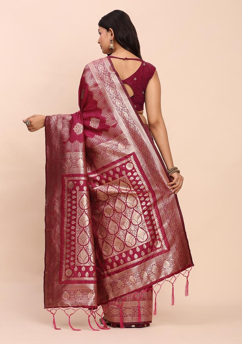 Magenta Woven Zari Work Banarasi Silk Saree Set - Indya