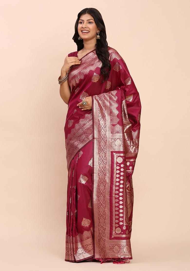 Magenta Woven Zari Work Banarasi Silk Saree Set - Indya