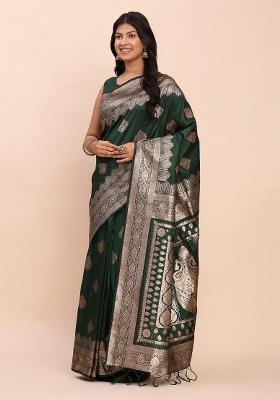 Green Woven Zari Work Banarasi Silk Saree Set