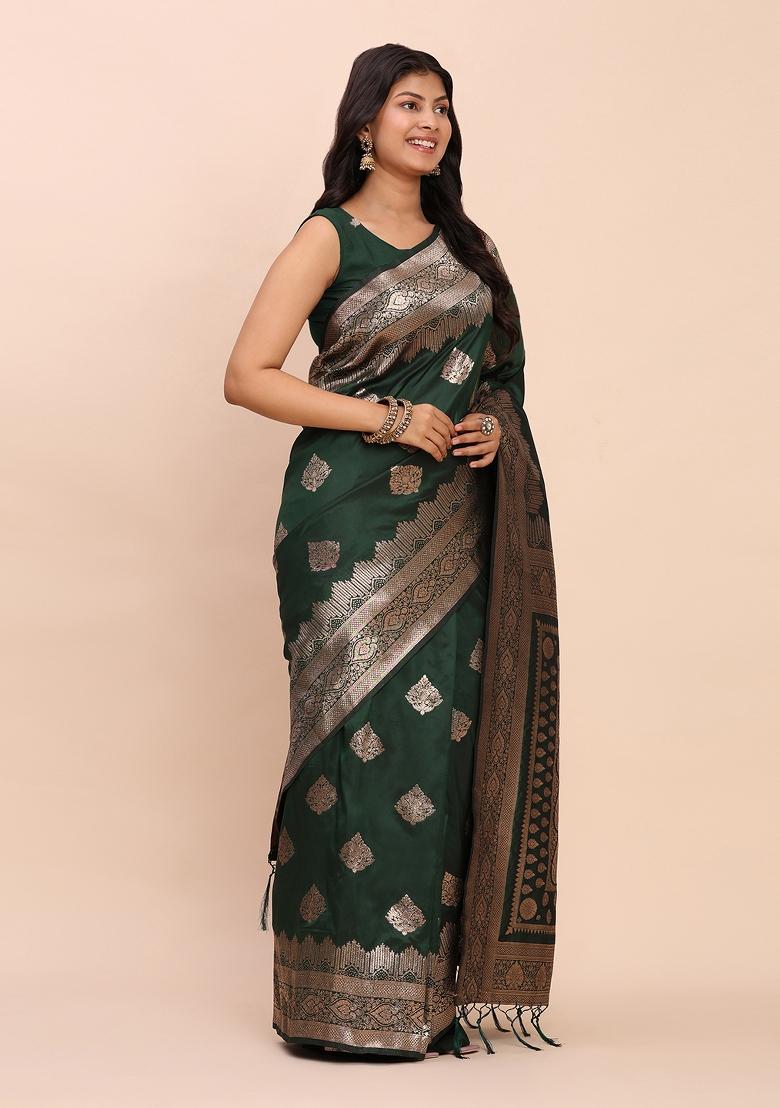 Green Woven Zari Work Banarasi Silk Saree Set - Indya