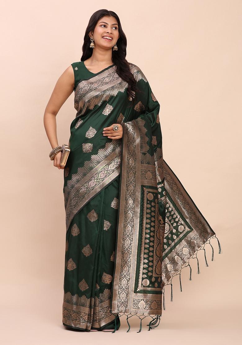 Green Woven Zari Work Banarasi Silk Saree Set - Indya