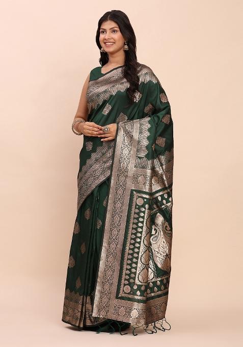 Green Woven Zari Work Banarasi Silk Blend Saree Set