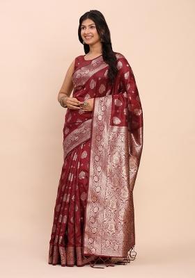 Maroon Woven Zari Work Banarasi Silk Saree Set