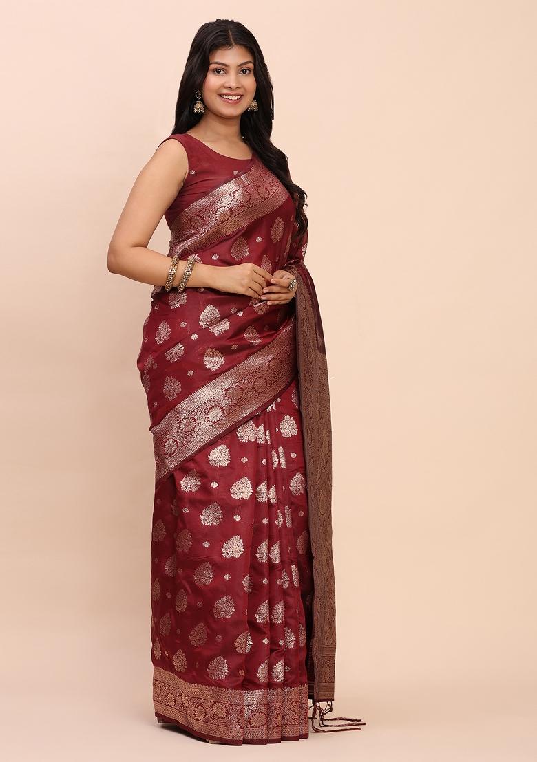Maroon Woven Zari Work Banarasi Silk Saree Set - Indya