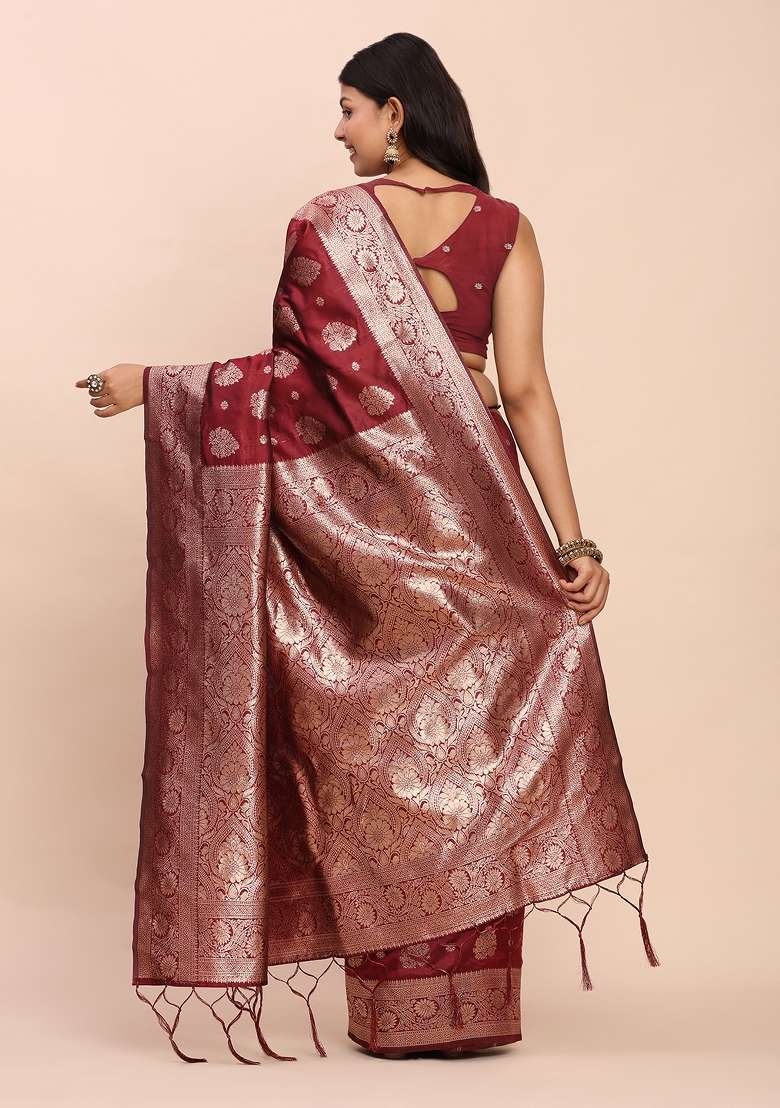Maroon Woven Blend Banarasi Silk Saree Set with Zari Work for Diwali | Wedding & Festive Wear - Indya