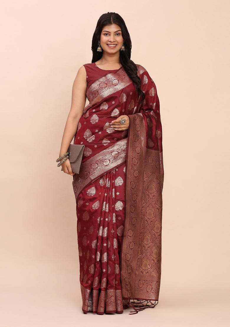 Maroon Woven Zari Work Banarasi Silk Saree Set - Indya