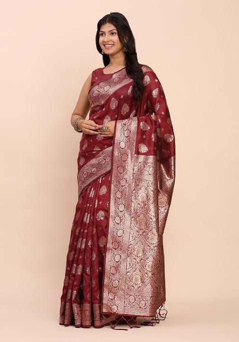Maroon Woven Zari Work Banarasi Silk Blend Saree Set